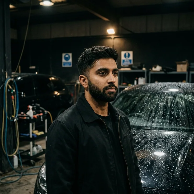 Ryan Mitchell in the wash bay beside a black car