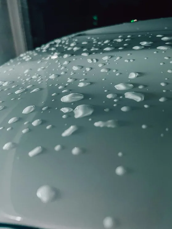 tight water beads on a coated dark panel, close, upright