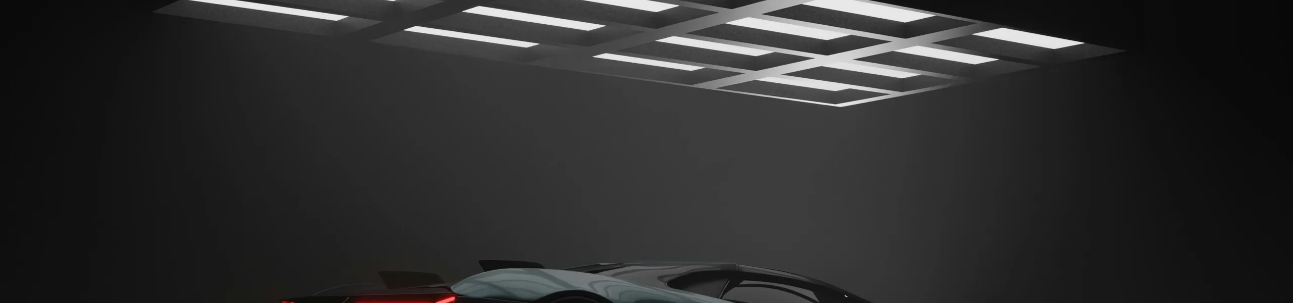 a car in a dark detailing studio under light panels, wide, car in the middle third with dark space either side