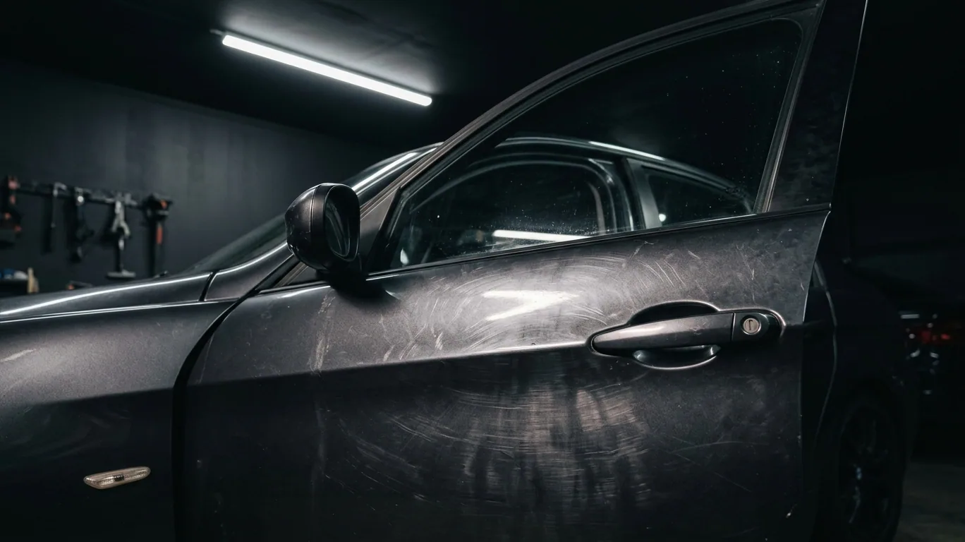 A dark grey saloon door covered in swirls and marring under the studio lamp