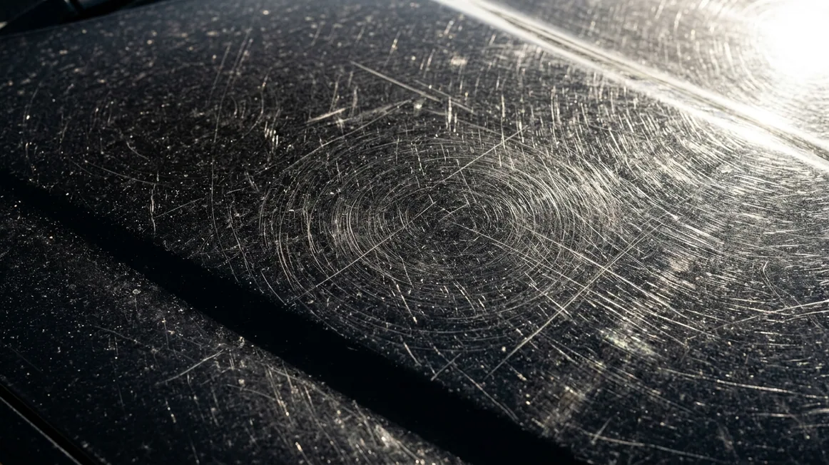 A black bonnet in sunlight showing heavy wash swirls